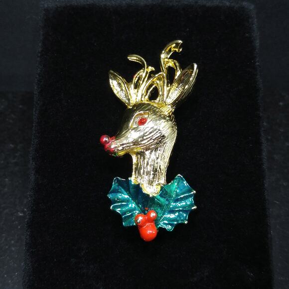 Vintage Rudolph Red Nose Reindeer Brooch, Enamel Holly, 1960s, 2 Inches - Picture 3 of 10